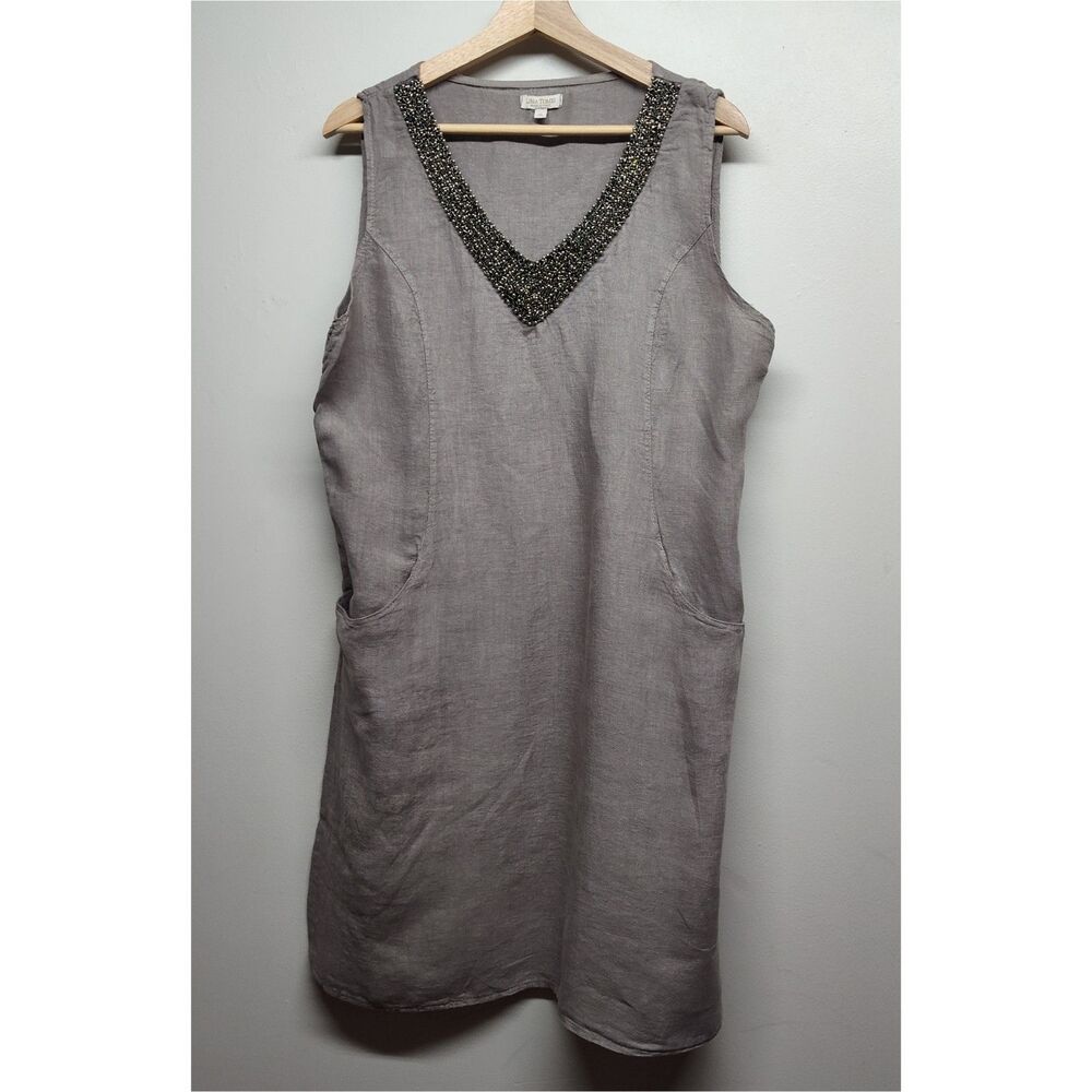 Lina Tomei 100% Linen Dress Short Sleeveless Embellished V Neck Size XL Italy